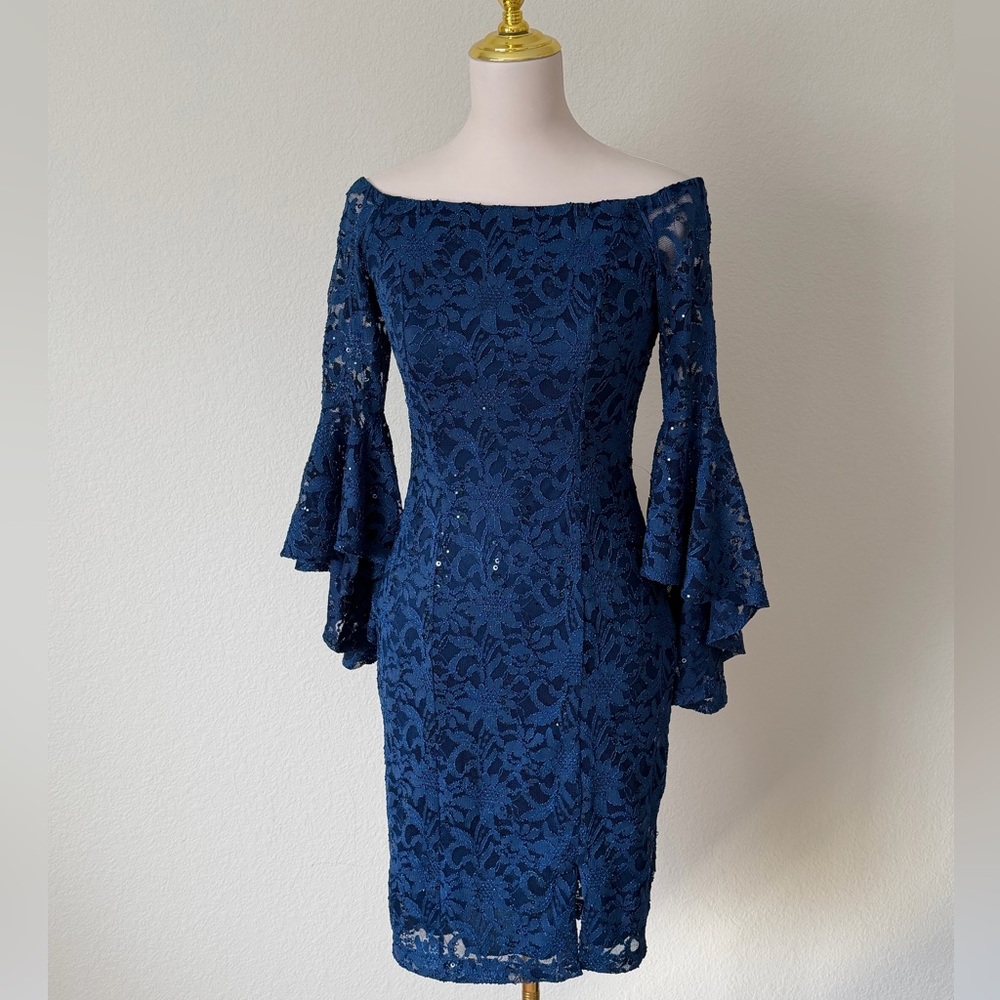 VENUS Blue Lace Off Shoulder Bell Sleeve Cocktail Dress - Size 4